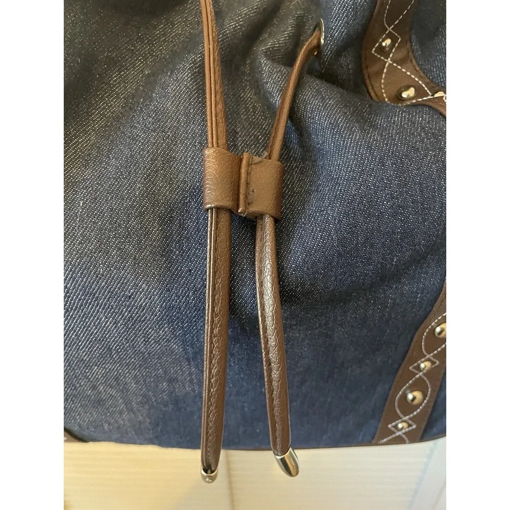 Gold‎ Coast Denim Bucket Bag Faux Leather Trim Studded Hobo Shoulder Crossbody